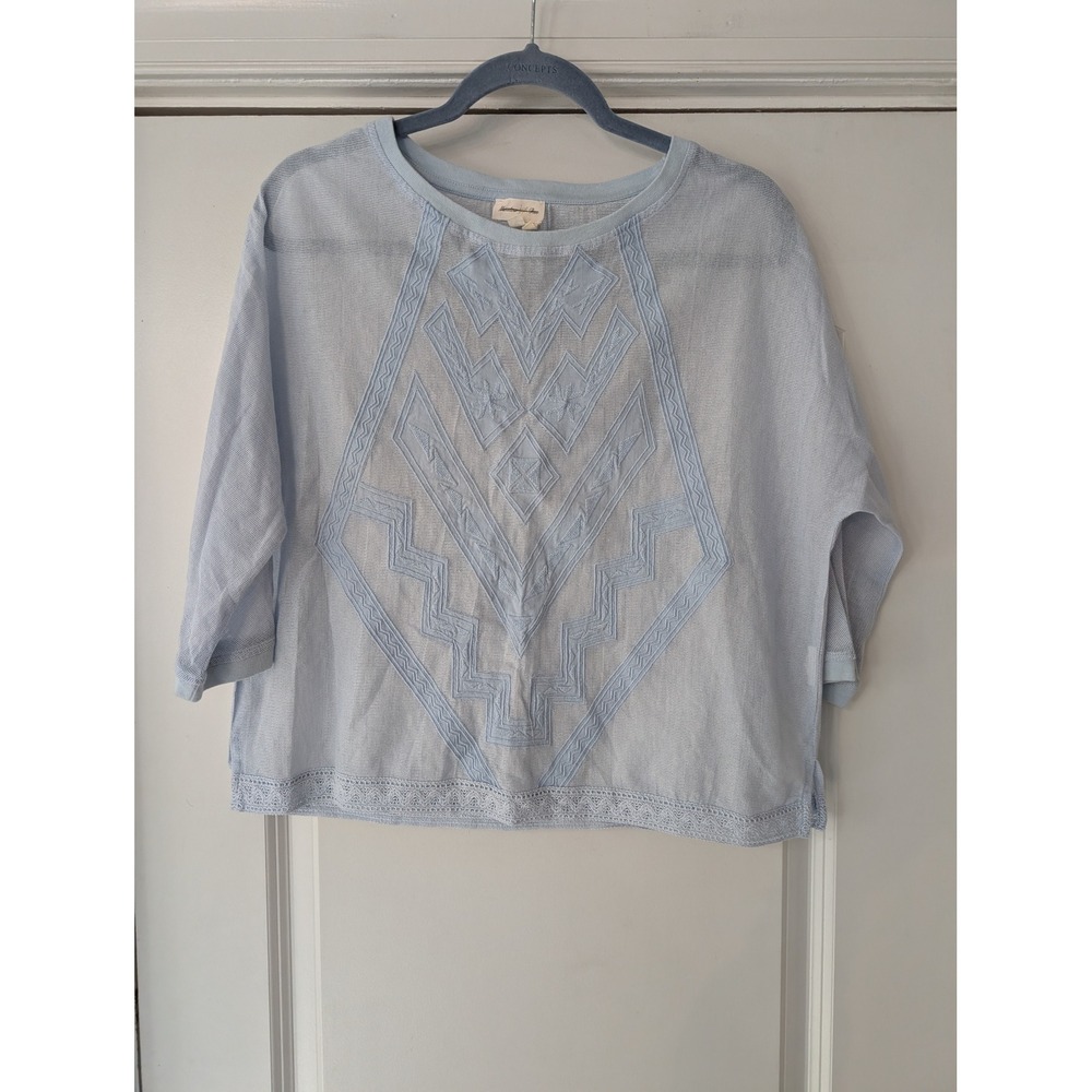 Meadow Rue Anthropologie Light Blue Mesh Embroidered 3/4‎ Sleeve Top XS